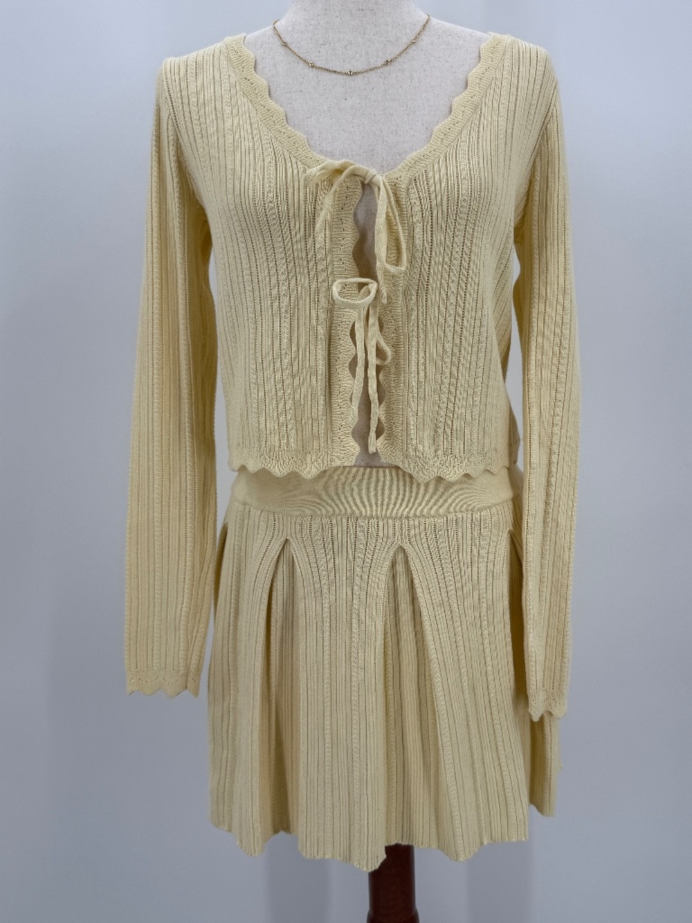 Knit Cardigan Skirt Set Butter Yellow Tie Front Scallop Coquette Cottage Boho M